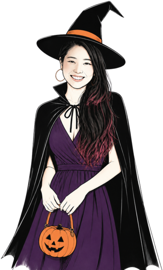 ハロウィンの魔女の衣装の佐野菜月